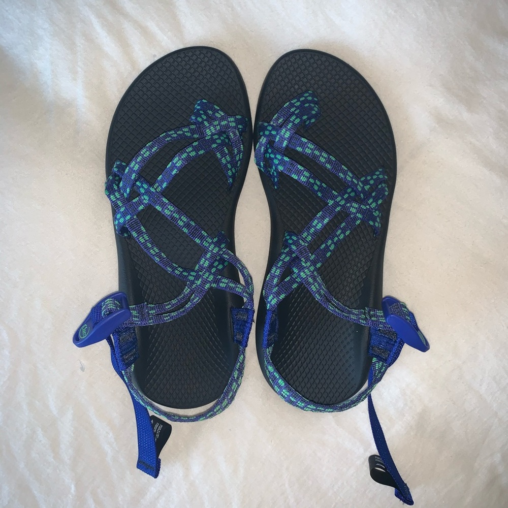 blue and green chaco sandals